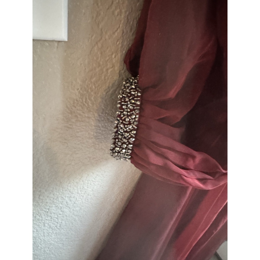 New Mac Duggal Garnet Mocha Red Chiffon Open Sleeve Formal Evening Gown Sweep 16 - Picture 5 of 7